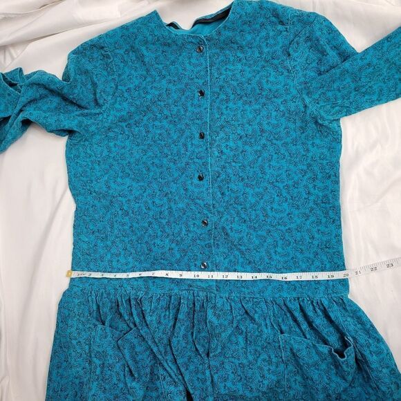 VINTAGE 90s dress‎ teal paisley long sleeve corduroy button up M - Picture 6 of 8